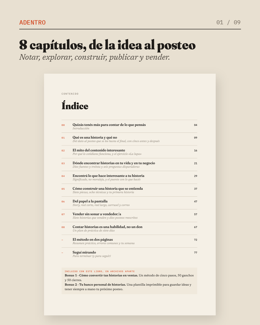 Índice: 8 capítulos, de la idea al posteo